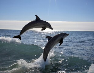 Fototapeta premium Dolphins mid-air above the sea