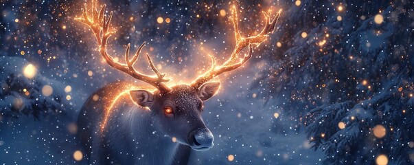 Fototapeta premium A majestic reindeer with glowing antlers stands in a snowy landscape, capturing the essence of winter magic and festive allure.