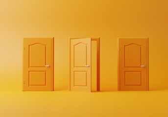 Three doors on plain pastel orange bright background. Choice, dilemma, decision making concept. Minimal 3d render.