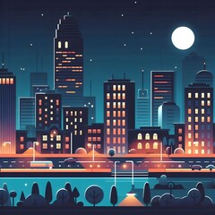 Flat Design Night Cityscape