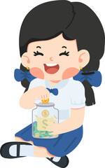  girl student holding glass of money jar coin