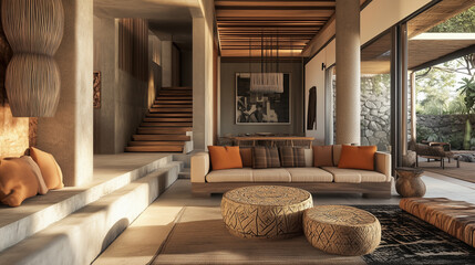 Sleek, contemporary interior design with natural materials like wood and stone, paired with bold African prints and artisanal decor.