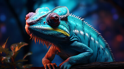 Obraz premium A vibrant close-up of a colorful chameleon showcasing intricate details and mesmerizing hues in a lush environment.