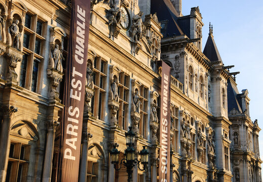 Paris, France - January 17, 2015: Parisian City Hall (Hotel de Ville) with memorial banners "Paris est Charlie" and "Nous sommes Charlie"  following the terrorist attack on Charlie Hebdo magazine.