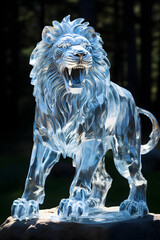 An intricately carved ice sculpture of a lion, showcasing stunning craftsmanship and glistening details in a natural setting.