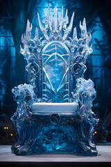 An extravagant ice throne designed with intricate details, reflecting light in a magical, frosty atmosphere.