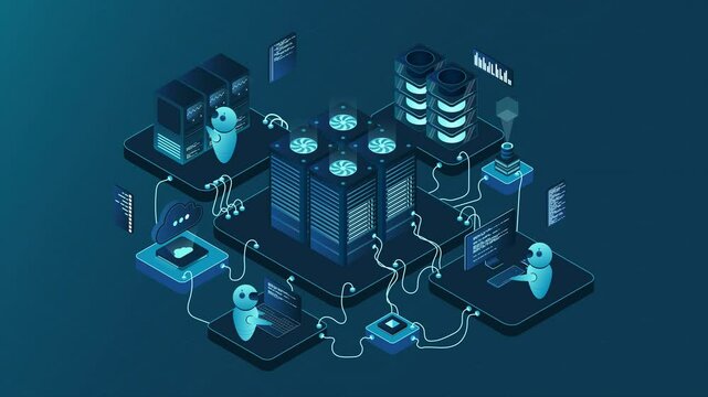 Isometric data center or server room animation. Data center connection network. Cloud storage. Isometric high technology concept. 4K video animated in isometric style