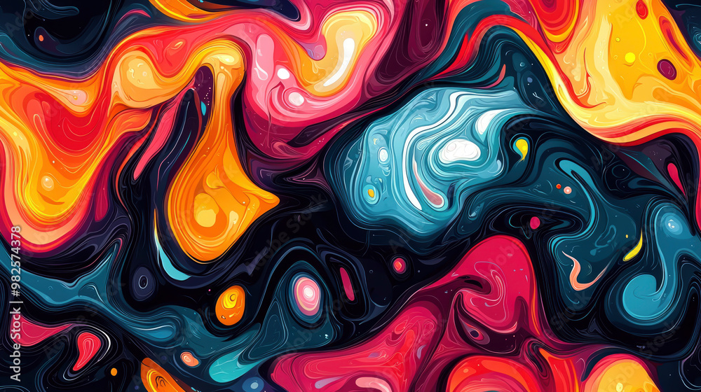 Poster vibrant seamless abstract pattern with swirling shapes in bold colors creating a dynamic visual expe