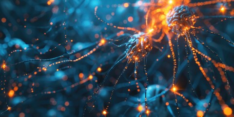 The image is a close up of a brain with many neurons and a lot of light. The neurons are connected to each other and are glowing in different colors. Scene is one of wonder and fascination