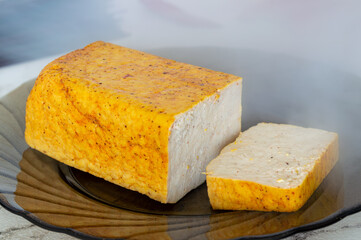 Smoked tofu on plate. High quality photo