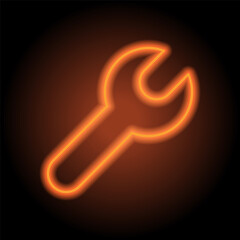 Wrench simple icon vector. Flat design. Orange neon on black background