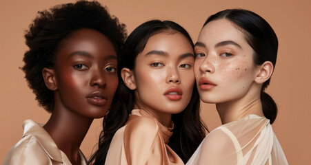 Fototapeta premium Four beautiful cheerful diverse models, 4 happy multicultural women, smiling multiracial young girls beauty faces