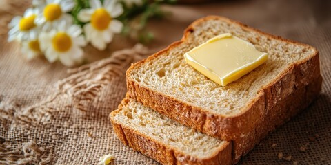 Two slices of bread with a pat of butter on one.