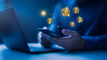 A businessman holding a smartphone with digital coin icons floating above the screen, representing online financial transactions. The image highlights the convenience and speed of
