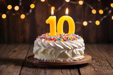10th birthday cake with whipped cream, sprinkles, candles, and number 10 on wooden background with lights	
