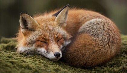 Naklejka premium Curled up fox sleeping in the forest