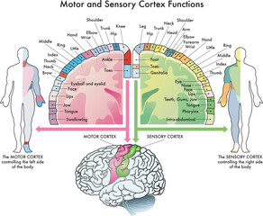 Medical diagram of the functions of the motor cortex and sensory cortex, two parts of the human brain, with annotations.