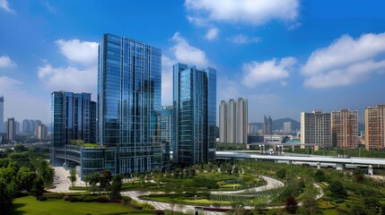 Obraz premium A captivating view of the background with modern commercial high - rise buildings. The buildings have sleek and stylish designs. They stand tall and proud, reaching towards the sky. There are large gl