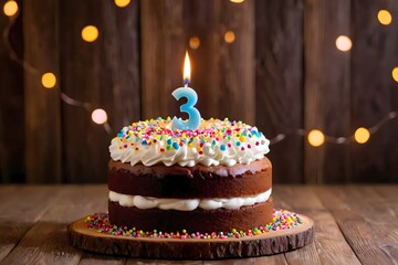 3rd birthday cake with whipped cream, sprinkles, candle, and number 3 on wooden background with lights