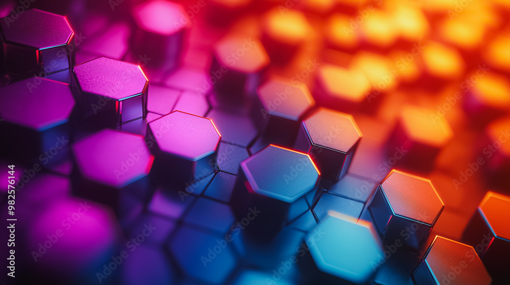 Poster a colorful image of hexagonal shapes that are all different colors. the image has a futuristic and a
