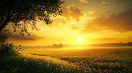 Golden Sunset Over a Field of Flowers and Trees