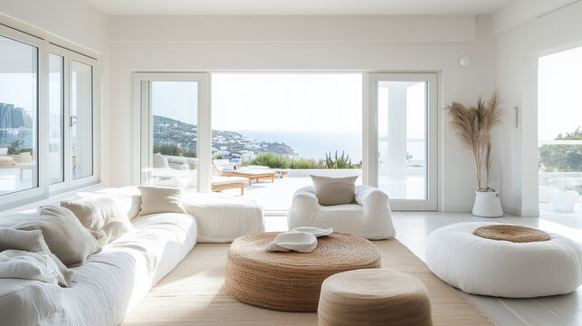 Whitewashed interior with modern furniture, minimal decor, and large windows showcasing stunning Mediterranean views. home interior design concept 