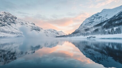Misty Mountains Reflecting in a Still Lake at Dawn