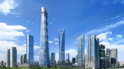 Obraz premium A captivating view of the background with modern commercial high - rise buildings. The buildings have sleek and stylish designs. They stand tall and proud, reaching towards the sky. There are large gl