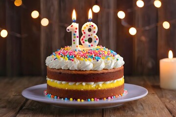 18th birthday cake with whipped cream, sprinkles, candle, and number 18 on wooden background with lights
