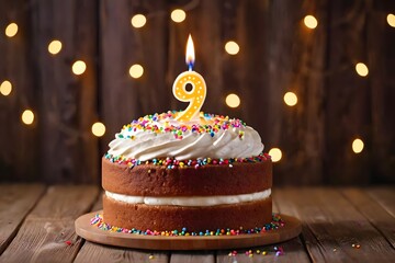 9th birthday cake with whipped cream, sprinkles, candle, and number 9 on wooden background with bokeh lights