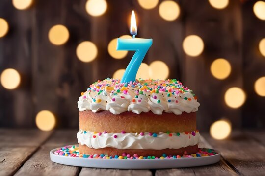 7th birthday cake with whipped cream, sprinkles, candle, and number 7 on wooden background with bokeh lights