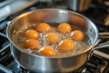eggs in hot boiling water in a pot on a stove