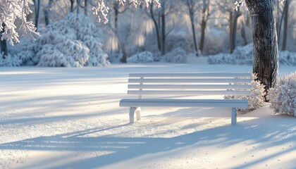 Snow-covered park bench in a serene winter landscape with frosted trees and distant woods in the soft morning light.