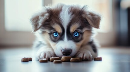 A curious puppy with striking blue eyes intently focuses on scattered treats on a wooden floor indoors
