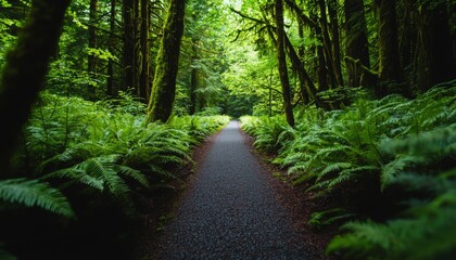 Obraz premium A tranquil forest trail surrounded by moss-covered branches and ferns, with the soft glow of sunlight filtering through a canopy of green leaves.