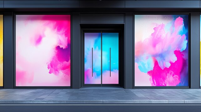 A vibrant Black Friday storefront mockup with huge sale signs and decals covering the windows, inviting shoppers into a high-end fashion boutique.