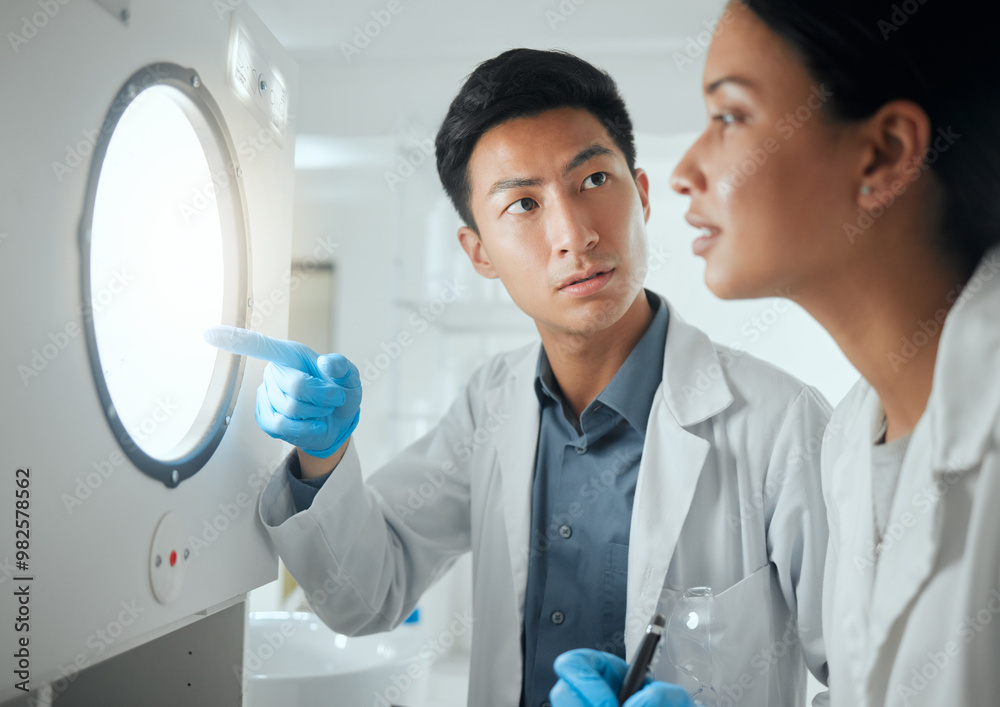 Poster scientist, test and machine in lab for research, collaboration and development with innovation resul