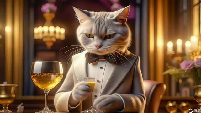 Gorgeous cat in a beautiful interior with a glass of wine. Romance and congratulations
