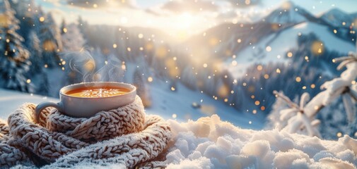 Cozy winter scene with a steaming hot drink, knit scarf, and a snowy mountain view during sunset.