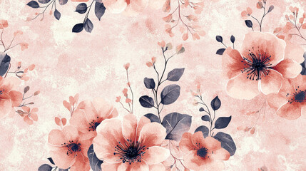 Delicate vector pattern featuring soft pink flowers and lush leaves against a muted background, ideal for textile and interior design applications