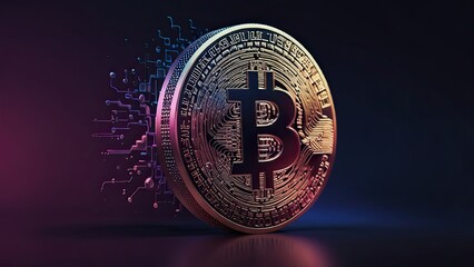 Bitcoin Cryptocurrency Coin with Circuit Board Background.