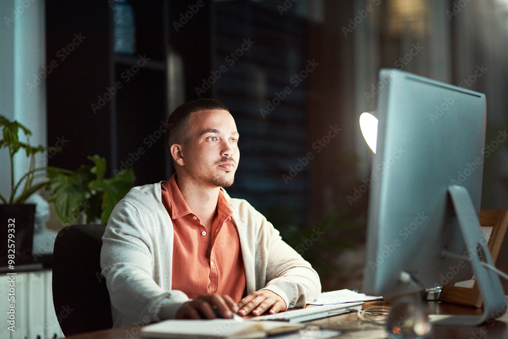 Poster computer, reading and digital with business man for email marketing, target audience research and rp