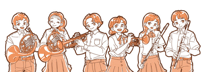 楽器を持った笑顔の6人の男女のイラスト © マキア