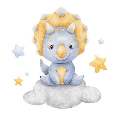 Blue baby dinosaur sitting on cloud, stars. Isolated hand drawn Watercolor illustration. Clipart of cute triceratops of for design children's room, kid's goods, cards, scrapbook, baby shower