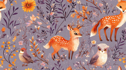 A delightful vector pattern showcases a magical forest filled with charming animals and colorful flowers, creating a whimsical and serene atmosphere.