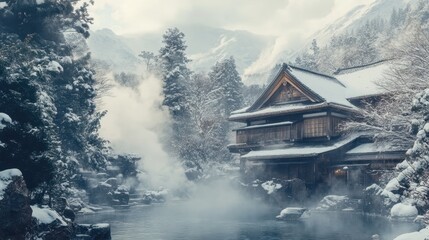 Serene Japanese Onsen in Winter Wonderland