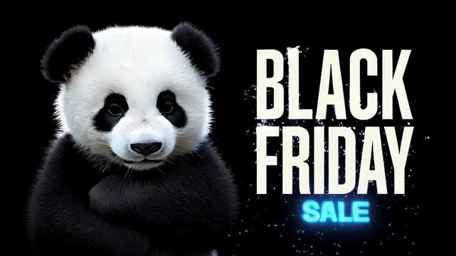 Black Friday sale text and cute panda on black background. Sale animal mascot