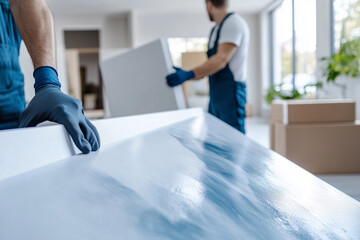 Professional movers handling furniture with care, wearing gloves while working in a bright, spacious room with boxes