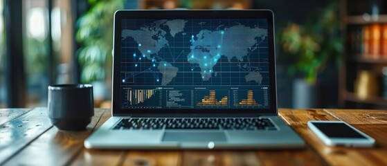 A businessman is using a virtual screen to present data and graphs for a business analysis. The online marketing strategy plan is for growth on a social media network, with an analytics dashboard that