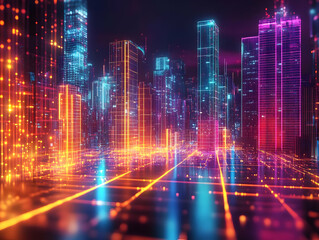 Colorful futuristic cityscape with illuminated skyscrapers and vibrant patterns, showcasing technology and digital innovation.